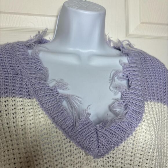 Love Tree S Distressed Colorblock Knit Sweater Lavender Cream Tan Navy Women’s - Picture 2 of 6